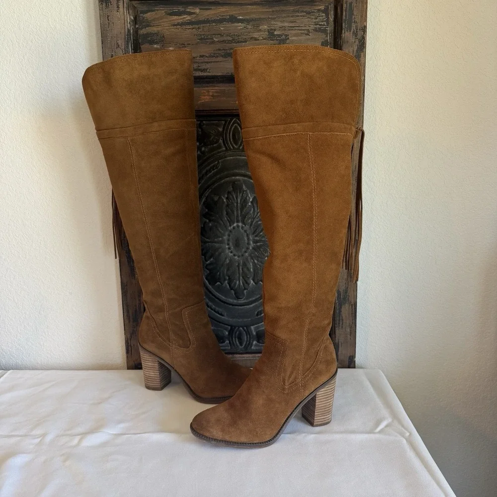 Franco Sarto Elnora Tall Suede Over The Knee Boots Brown Boho Fringe Tassel Sz 9